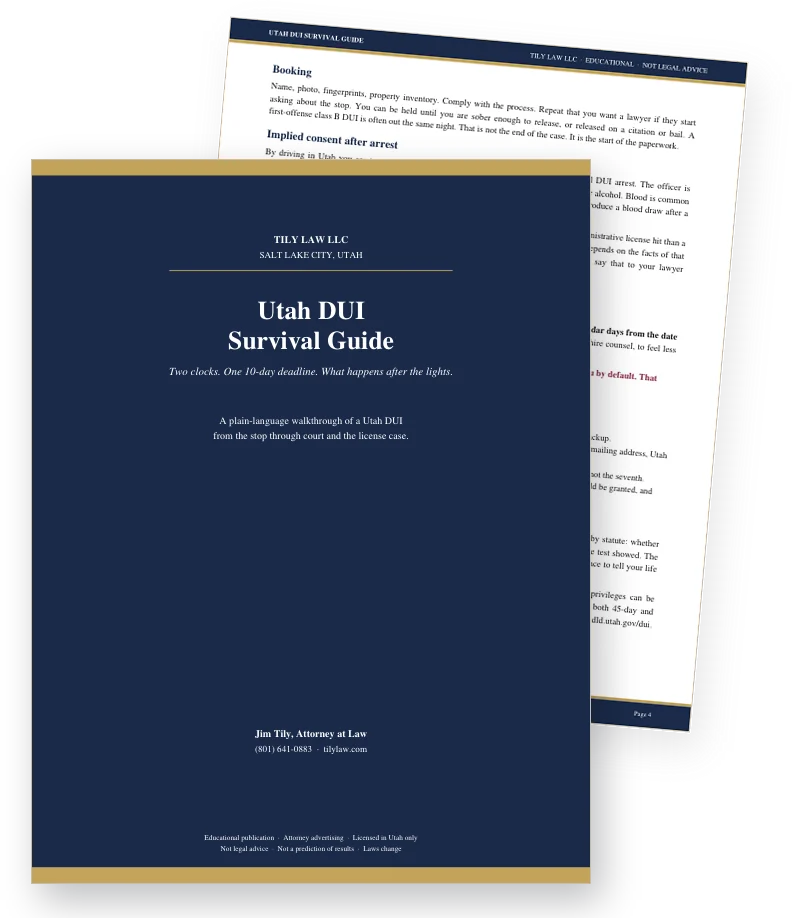Utah DUI Survival Guide cover and the 10-day DLD hearing page